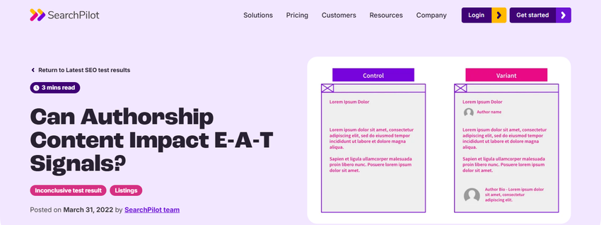 searchpilot case study 'can authorship content impact e-a-t signals?' tagged 'inconclusive test result', posted march 31, 2022.