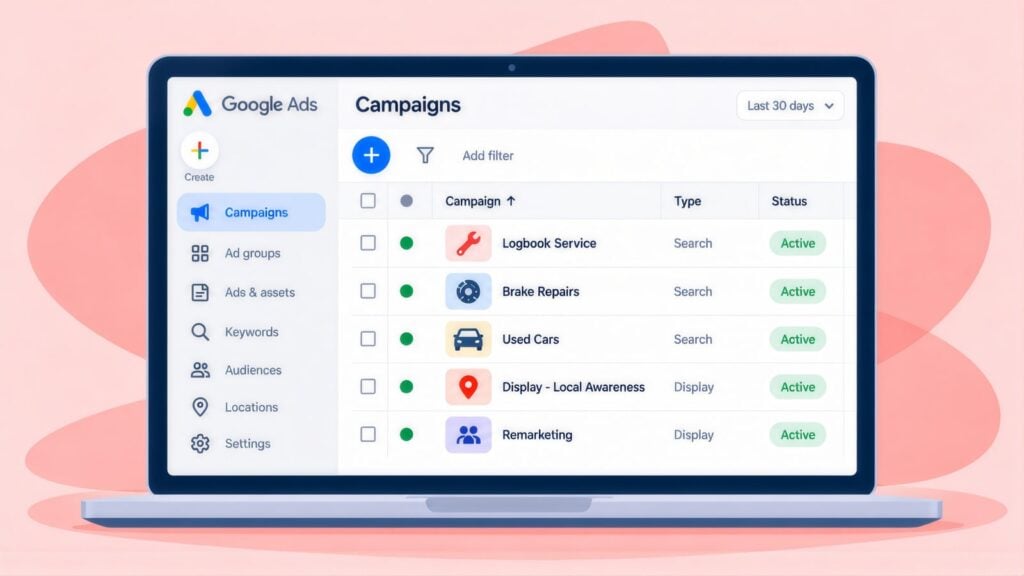 Laptop showing a Google Ads campaigns table with Logbook Service, Brake Repairs and Used Cars search campaigns plus Display and Remarketing, all Active