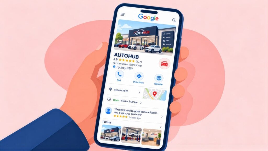 Hand holding a phone with the AutoHub Google Business Profile, rated 4.9 from 127 reviews, showing Call, Directions and Website buttons and a map