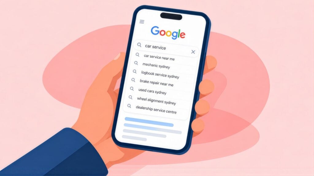 Hand holding a phone with Google suggestions for car service, including mechanic sydney, logbook service sydney and wheel alignment sydney
