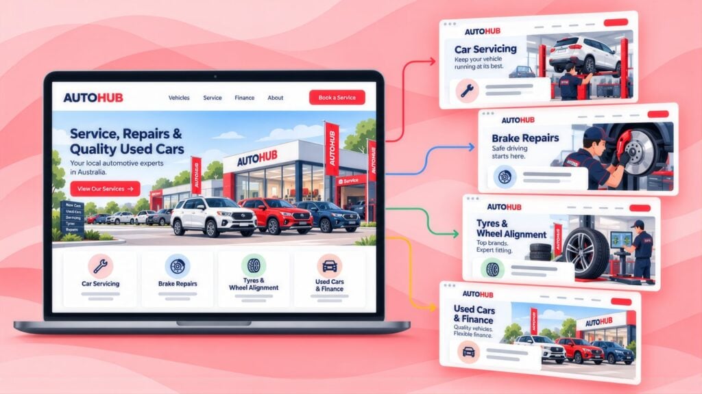 AutoHub homepage on a laptop with arrows to four landing pages: Car Servicing, Brake Repairs, Tyres & Wheel Alignment, and Used Cars & Finance
