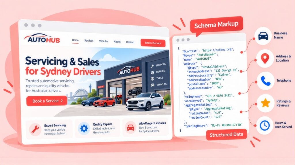 AutoHub web page beside a Schema Markup code panel of AutoRepair structured data, linked to business name, address, telephone, ratings and hours