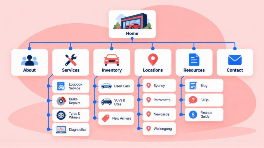 Site map with Home branching to About, Services, Inventory, Locations, Resources and Contact, with pages like Logbook Service, Used Cars and Parramatta