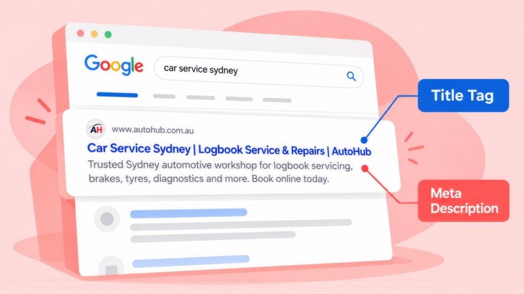 Google result for 'car service sydney' with the AutoHub blue headline labelled Title Tag and the snippet below labelled Meta Description