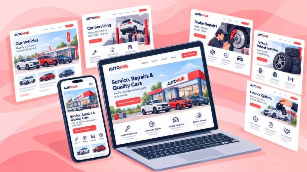 AutoHub site on a laptop and phone surrounded by service pages for Our Vehicles, Car Servicing, Brake Repairs, Tyres & Wheel Services and Finance Options