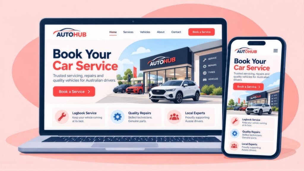 Laptop and phone showing the AutoHub site with the headline Book Your Car Service, a Book a Service button and a white SUV outside the dealership