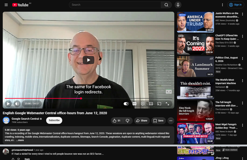youtube player paused at 25:00 on google webmaster central office-hours from june 12, 2020, with viewer comments below.