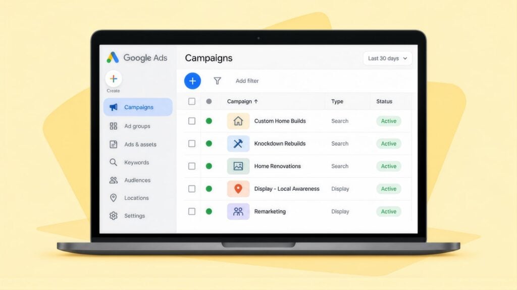 Laptop showing Google Ads campaigns for a builder, including Custom Home Builds, Knockdown Rebuilds, Home Renovations and Remarketing, all active