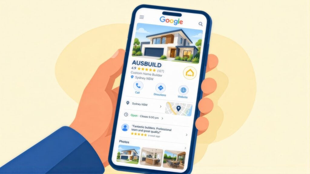 Phone showing the AusBuild Google Business Profile, a Sydney custom home builder rated 4.9 from 127 reviews, with call, directions and photos