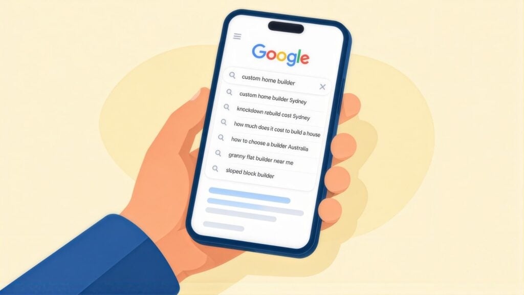 Hand holding a phone with Google suggestions for custom home builder, including knockdown rebuild cost Sydney and granny flat builder near me