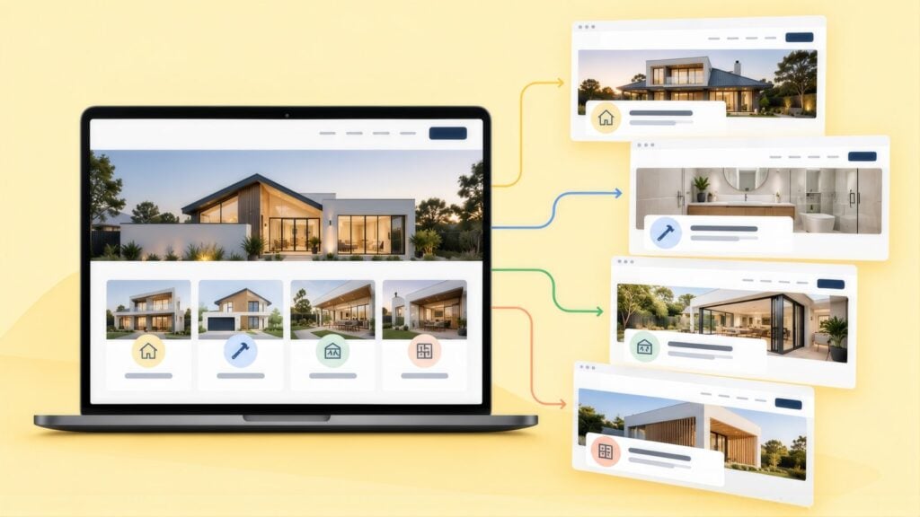 Laptop showing a builder website with four service tiles, each linked by coloured arrows to its own landing page with a house or bathroom photo