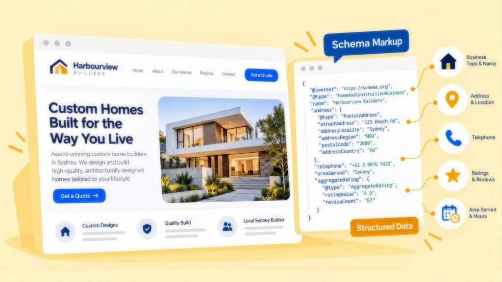 Harbourview Builders web page beside its schema markup code, with labels for business name, address, telephone, ratings and area served