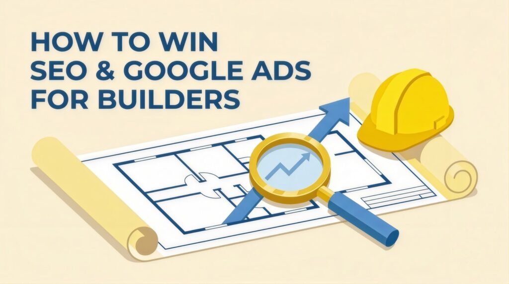 Headline 'How to Win SEO & Google Ads for Builders' above a house floor plan, a yellow hard hat, magnifying glass and rising blue arrow