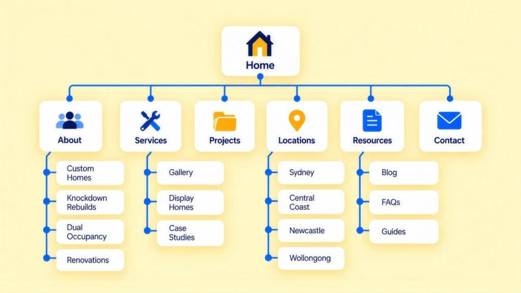 Site map tree from Home to About, Services, Projects, Locations, Resources and Contact, with pages like Knockdown Rebuilds, Sydney and FAQs