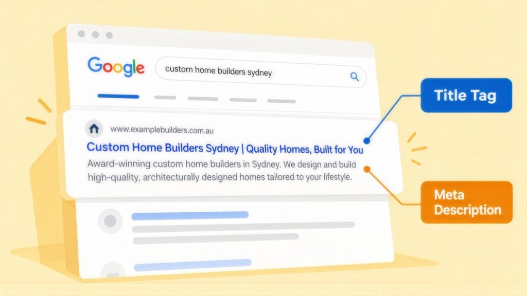Google result for 'custom home builders sydney' with the blue headline labelled Title Tag and the snippet below labelled Meta Description
