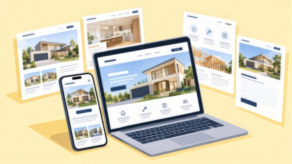 Laptop, phone and floating web pages for a home builder, showing modern houses, a kitchen interior, timber house framing and an enquiry form