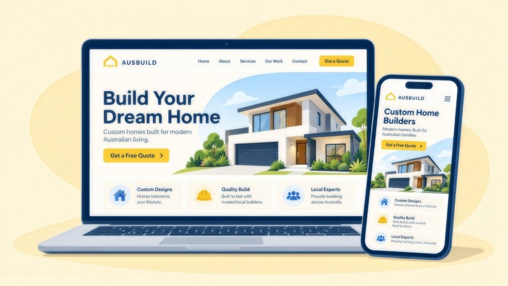 Laptop and phone showing an AusBuild builder website with the headline 'Build Your Dream Home', a Get a Free Quote button and a modern house