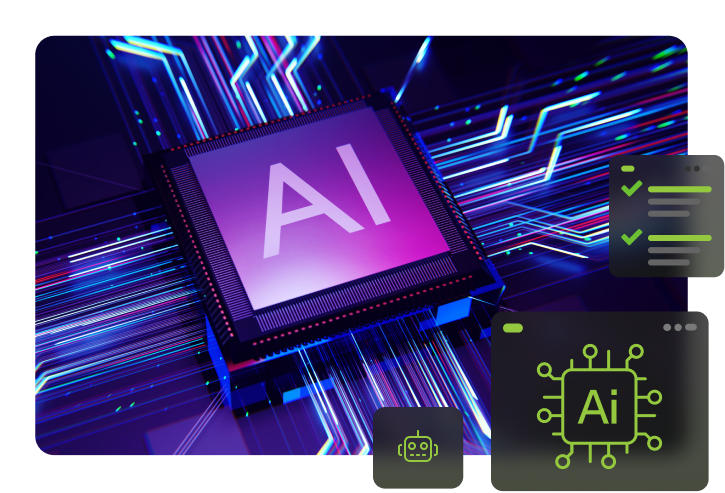 AI consulting services hero image showing an AI processor chip with neon blue data streams and icons for chatbot integration, AI architecture, and task automation.
