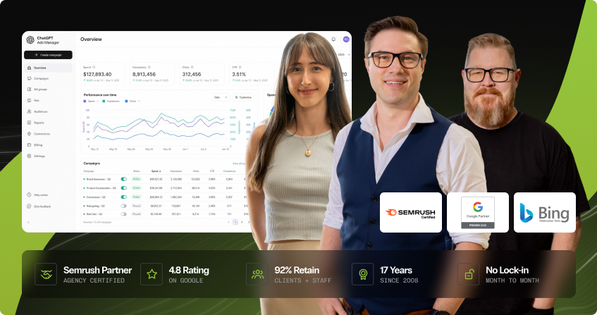 ccm ai seo team. semrush partner, 4.8 rating, 92% retain, since 2008, no lock-in contracts