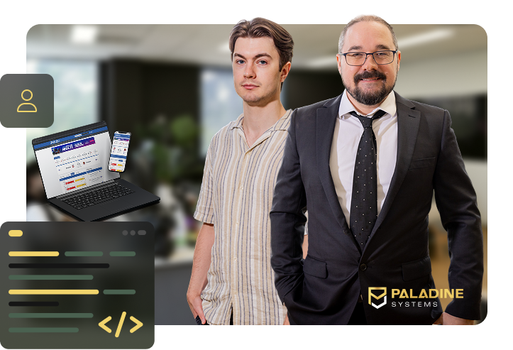 Two members of the Paladine Systems team standing in the Click Click Media office with a CRM interface on laptop and mobile mockups, code editor screenshots, and the Paladine Systems logo, with icons for user management and development.