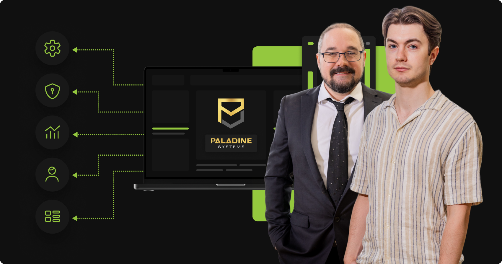 two members of the paladine systems team standing beside a laptop displaying the paladine systems logo, with icons for settings, security, analytics, user management, and integrations connected by a system architecture flow.