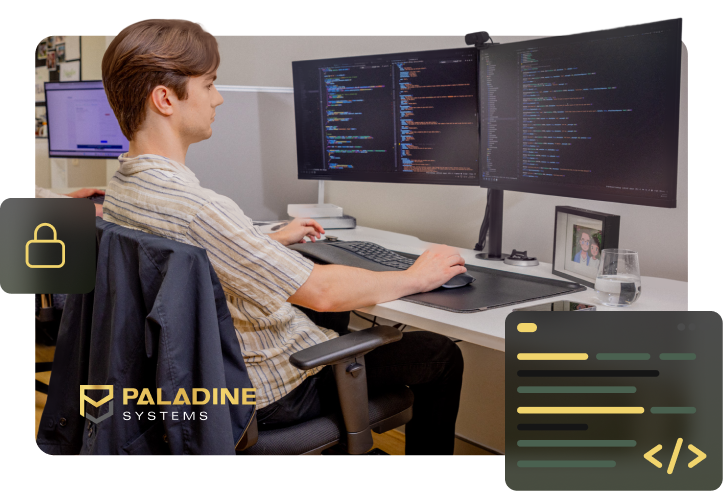 A Paladine Systems developer working at a dual-monitor workstation with code displayed across both screens, with security padlock and code editor icons overlaid and the Paladine Systems logo.