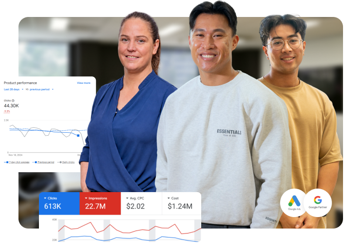Click Click Media team standing in the Norwest office, with Google Ads clicks, impressions, CPC and cost figures and Google Partner badges overlaid