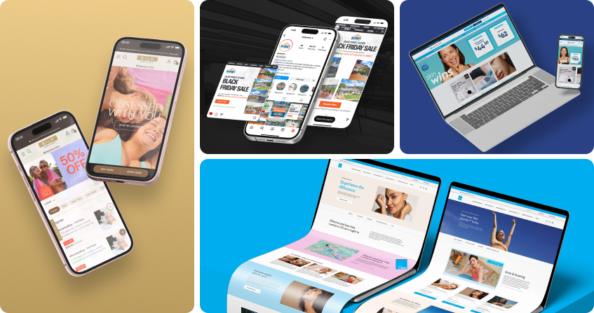 four headless cms projects displayed on phone, laptop, and tablet mockups showing a skincare ecommerce app, a holiday park booking platform, a national aesthetics brand website, and a multi-location clinic site with promotional landing pages.