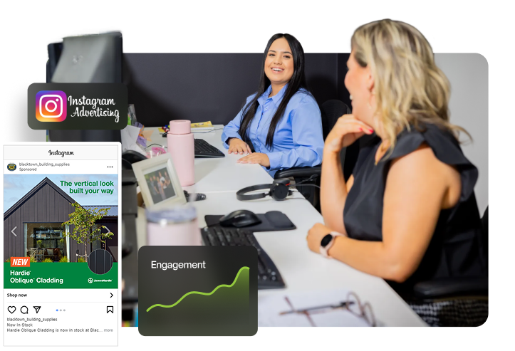 Two team members in a meeting room with an Instagram advertising sponsored post for Blacktown Building Supplies showing vertical cladding, an engagement trend chart, and the Instagram logo.