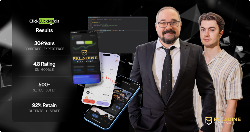 paladine systems vibe code rescue team with credentials showing 30 plus years combined experience, 4.8 google rating, and 92 percent client and staff retention.