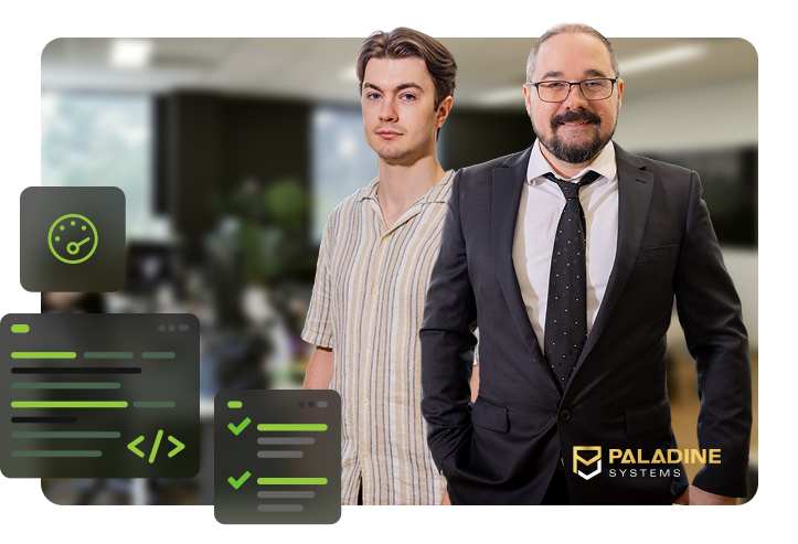 Two members of the Paladine Systems vibe code rescue team standing in the Norwest office with code review and performance monitoring icons and the Paladine Systems logo.