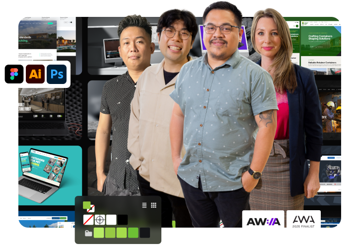 Four Click Click Media web design team members standing in front of a collage of completed website projects with Figma, Illustrator, and Photoshop tool icons on the left and AWIA and Australian Web Awards 2025 Finalist badges on the right, with a green colour palette swatch at the bottom.