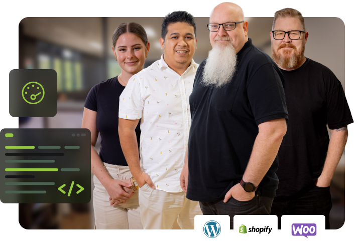 Four Click Click Media web development team members standing together with a performance dashboard icon and code editor graphic on the left, and WordPress, Shopify, and WooCommerce platform logos along the bottom.