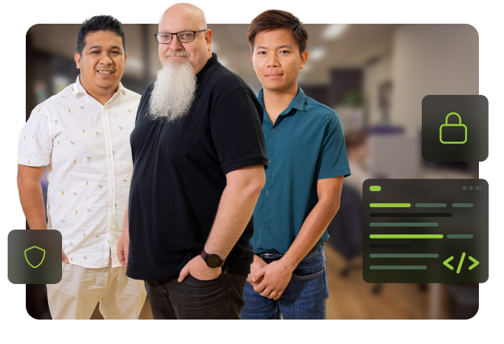 Three members of the Click Click Media web maintenance team standing together in the Norwest office with security shield, padlock, and code icons overlaid.