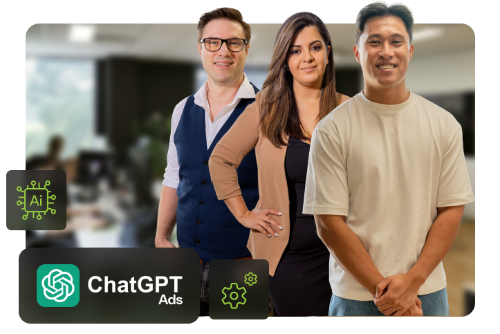 Three Click Click Media team members standing together in a modern office with overlaid graphics showing the ChatGPT logo labelled "ChatGPT Ads", an AI processor chip icon, and a settings cog badge.