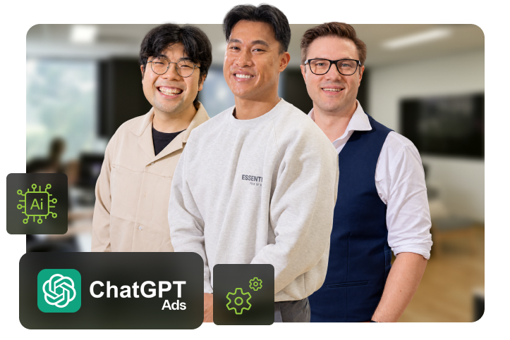 Click Click Media team standing in the Norwest office, with a ChatGPT Ads badge, an AI chip icon and a settings cog overlaid