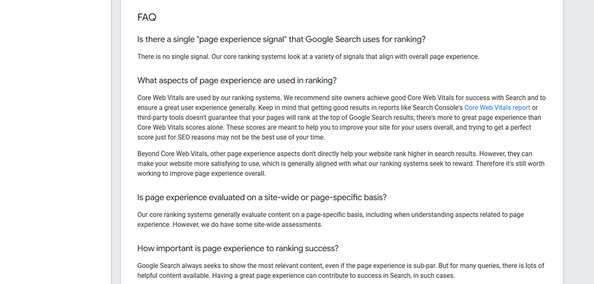 google's page-experience faq: no single page experience signal, and the most relevant content shows even when page experience is sub-par.