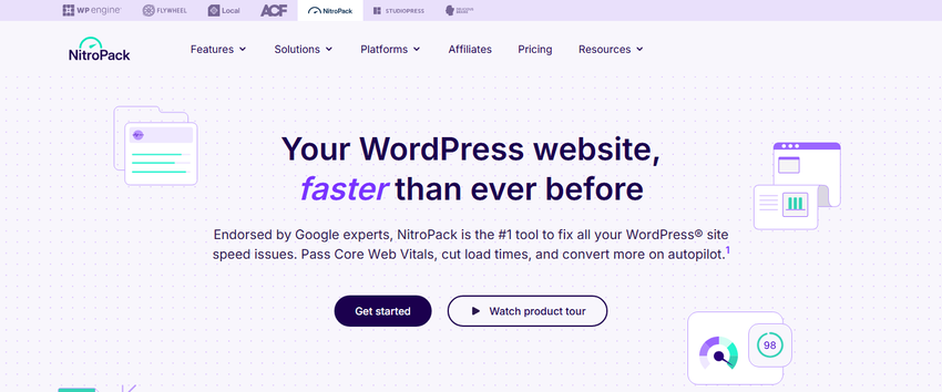 nitropack homepage hero: 'your wordpress website, faster than ever before', endorsed by google experts, promising to pass core web vitals.