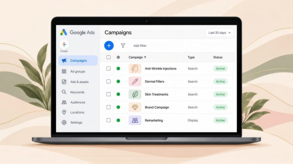 Laptop showing Google Ads campaigns for Anti-Wrinkle Injections, Dermal Fillers, Skin Treatments, Brand Campaign and Remarketing, all active