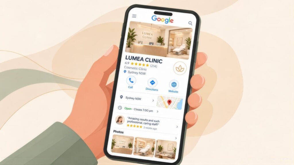 Hand holding a phone showing the Google Business Profile for Lumea Clinic in Sydney, rated 4.9 from 214 reviews, with call and directions buttons