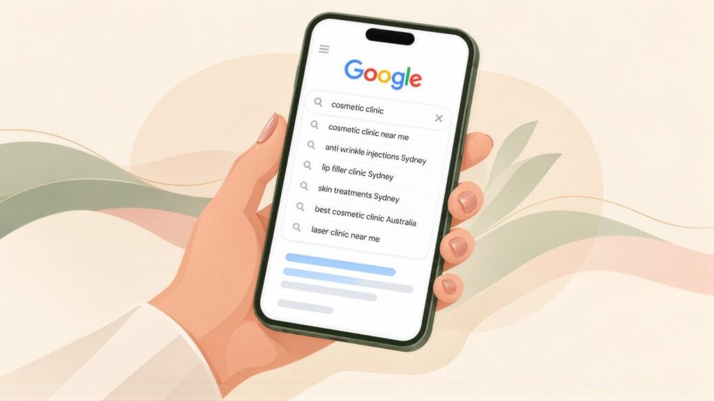 Hand holding a phone with Google suggestions for cosmetic clinic, including anti wrinkle injections Sydney and lip filler clinic Sydney
