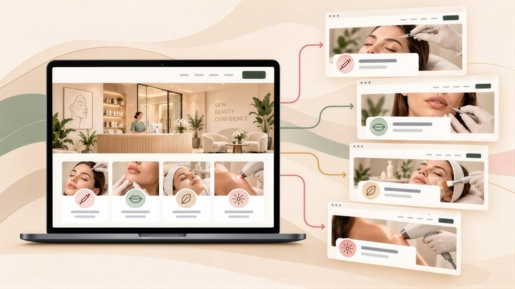 Clinic homepage on a laptop with arrows to four treatment landing pages for injections, lip filler, facials and laser treatment
