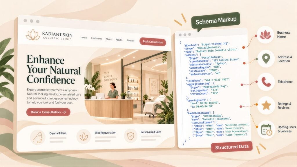 Radiant Skin clinic homepage beside JSON-LD schema markup, with labels for business name, address, telephone, ratings and opening hours