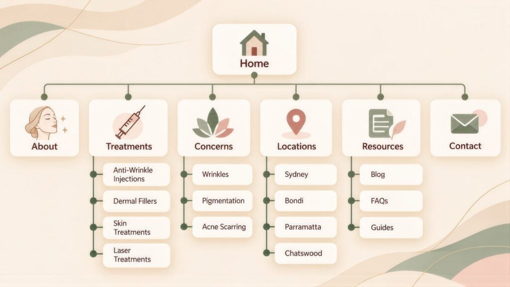 Site map tree from Home to About, Treatments, Concerns, Locations, Resources and Contact, with pages like Dermal Fillers, Pigmentation and Bondi