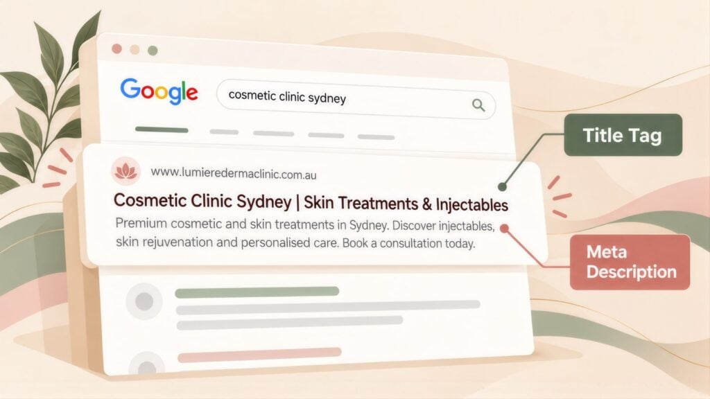 Google result for 'cosmetic clinic sydney' with the headline labelled Title Tag and the snippet about skin treatments labelled Meta Description