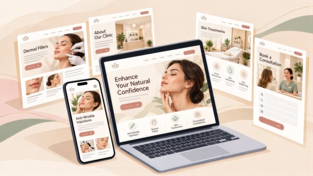 Laptop, phone and floating clinic pages for Dermal Fillers, Anti-Wrinkle Injections, Skin Treatments, About Our Clinic and Book a Consultation