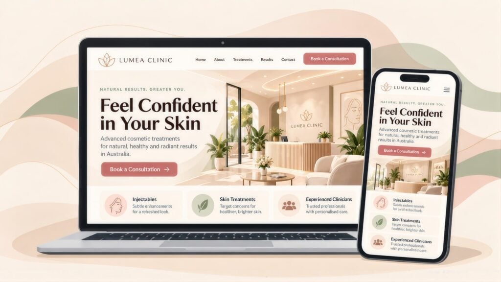 Lumea Clinic website on a laptop and phone with the headline 'Feel Confident in Your Skin', a Book a Consultation button and treatment cards