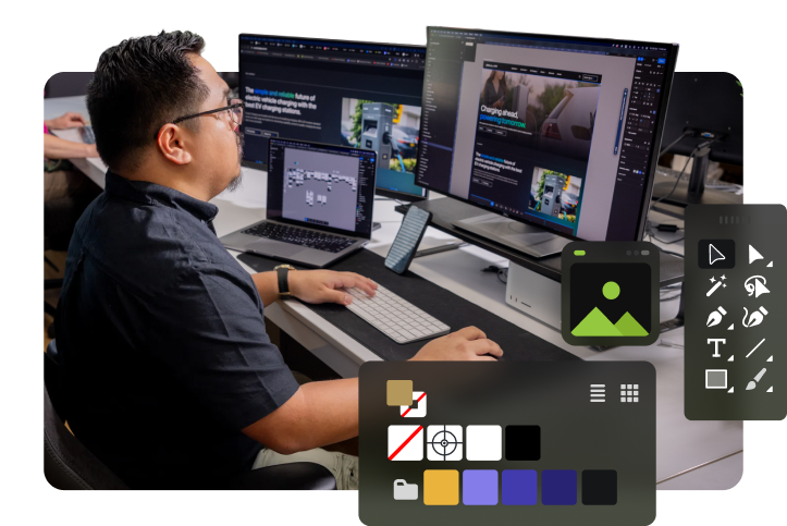 Office photoshoot showing custom landing page design, photo contains Jose.