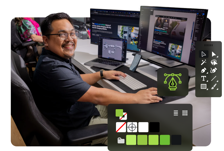 Jose from the Click Click Media design team smiling at the camera from his workstation with a website build open across dual monitors, a laptop, and design tool icons including a vector pen tool, colour palette swatch, and typography controls overlaid.