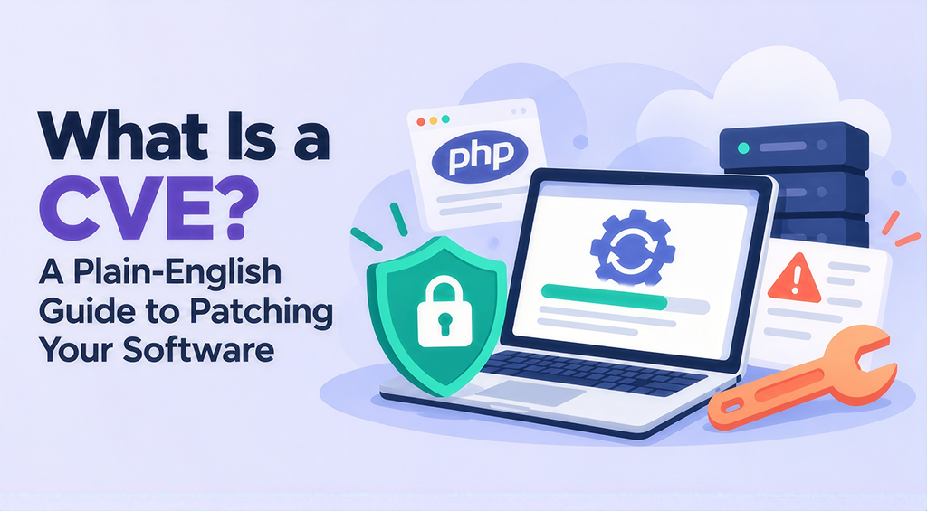 Banner reading “What Is a CVE? A Plain-English Guide to Patching Your Software”, with a laptop running a software update, a padlock security shield, a PHP browser window, a server stack, a warning alert and a wrench.